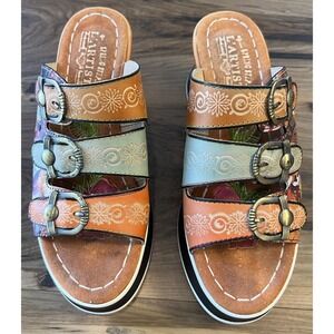 L'Artiste Spring Step Leather Floral Buckle Slide Sandals Platform EU 39